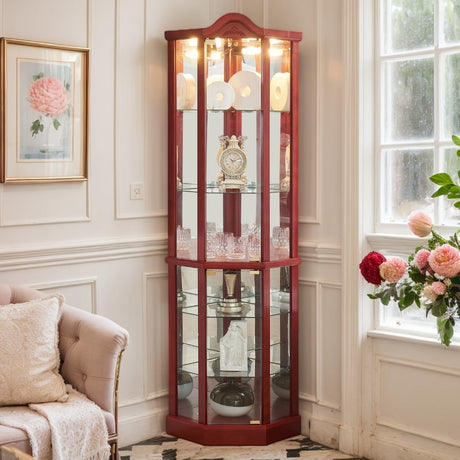Eyisean Lighted Corner Curio Cabinet with Tempered Glass Doors and Shelves, 72" H Glass Display Cabinet with Curved Top Carving, Light Bulb Included, Rack for Liquor Storage and Living Room (Cherry) Eyisean