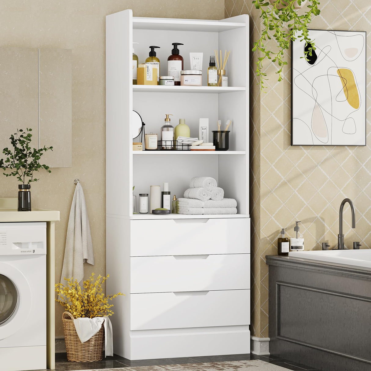 DICTAC 73.23'' Tall Storage Cabinet Bookcase with 3 Drawers and 3-Tier Open Shelves Wooden Bookshelf Kitchen Pantry Storage Organizer Cabinets for Living Room, Study, Kitchen,Bathroom,White DICTAC