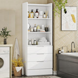 DICTAC 73.23'' Tall Storage Cabinet Bookcase with 3 Drawers and 3-Tier Open Shelves Wooden Bookshelf Kitchen Pantry Storage Organizer Cabinets for Living Room, Study, Kitchen,Bathroom,White DICTAC