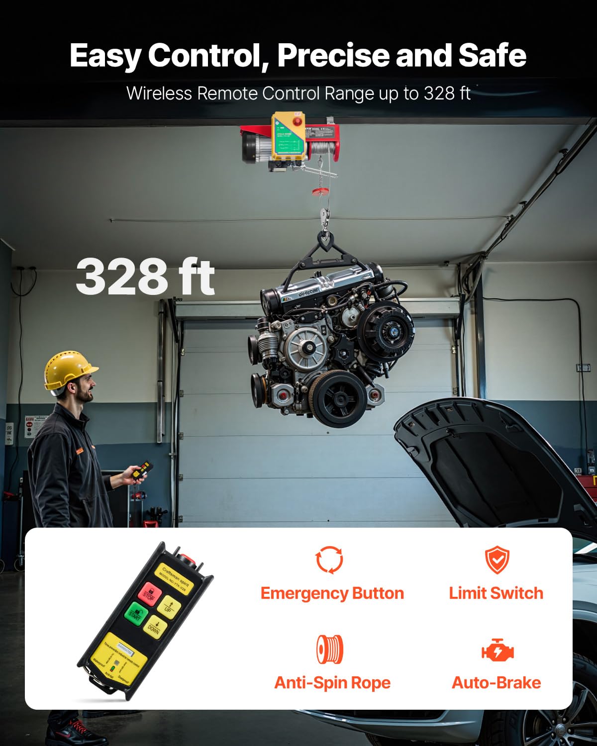 VEVOR Electric Hoist, 1760 lbs 120V Electric Winch with 328 ft Wireless Remote Control, 40 ft Single Cable Lifting Height, Single/Double Slings, Emergency Stop, Lift Hoist for Garage Warehouse Factory VEVOR