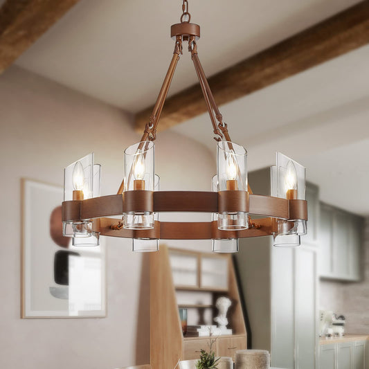 WUZUPS Wagon Wheel Chandelier 8-Light with Clear Glass Industrial Modern Farmhouse Round Light Fixture for Dining Room Kithen Island Foyer, Width 26" Height 22", Imitation Wood Grain