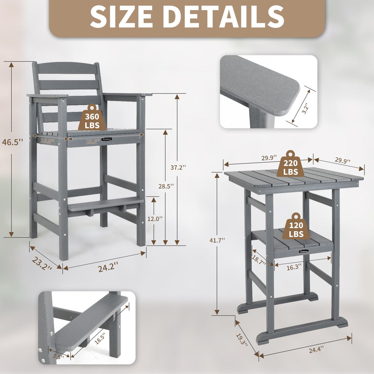 FUNBERRY Outdoor Bar Set with Umbrella Holes, Tall Adirondack Chairs and Table, All Weather HDPE Bar Height Outdoor Table and Chairs Set for Bistro Patio Balcony FUNBERRY