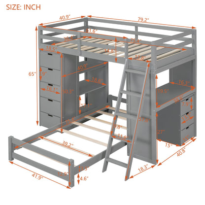 CKLMMC Twin Over Twin Bunk Bed with LED Light, USB Ports, Desks, Bookshelves, and 5 Drawers in Gray - WoodArtSupply