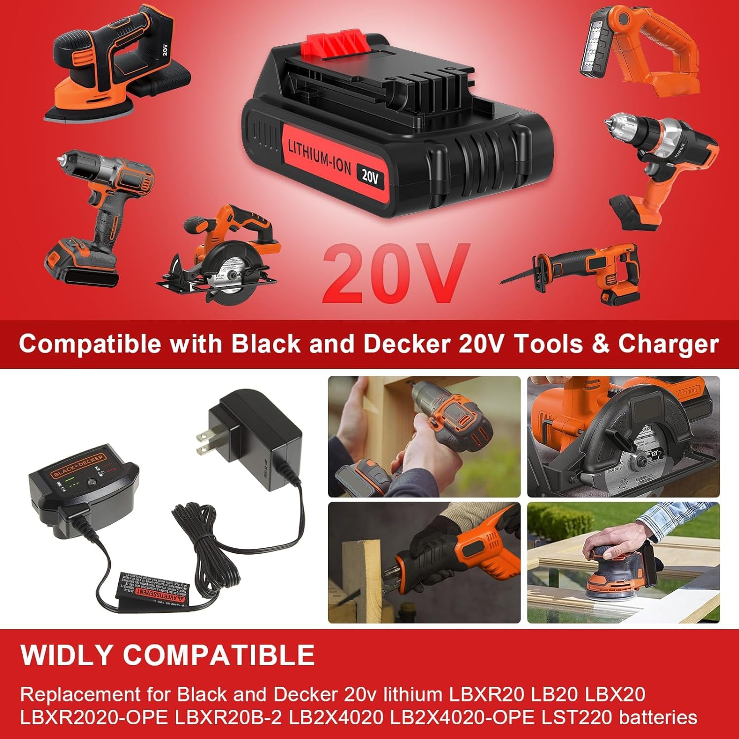 BATTOOL 2Pack 3800mAh 20V Replace for Black and Decker 20V Lithium Battery Compatible with Black & Decker 20V MAX Battery LBXR20 LB20 LBX20 Cordless Power Tools - WoodArtSupply