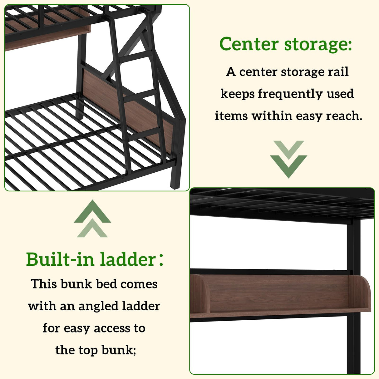 HKOLIE Twin XL Over Queen Bunk Bed with Storage Shelves & LED Lights, Heavy Duty Metal Bunk Bed Frame with Stairs, Noise-Free Design, Space-Saving Bed with Guardrails for Kids, Teens & Adults, Black HKOLIE