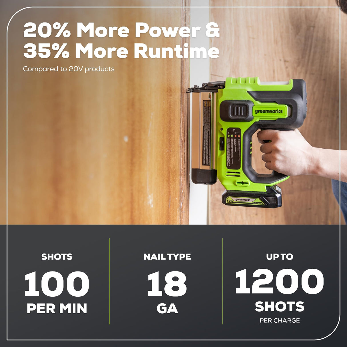 Greenworks 24V 18 Gauge Brushless Brad Nailer Gun, Cordless Finish Nailer, Staple Gun Cordless with 2Ah Battery and 2A Charger Greenworks