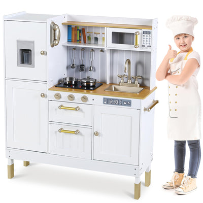 Clevich Wooden Play Kitchen for Kids, Toddler Vintage Kitchen Toy Set w/Pretend Phone, Ice Maker, Towel Rack, Height Adjustable Realistic Playset Chef w/Light & Sound, Cookwar, Microwave, Oven, White