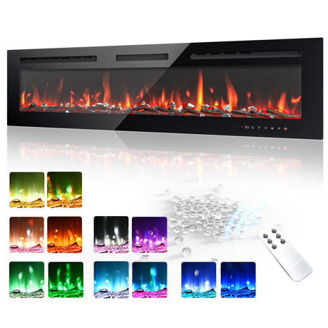 EUHOMY 60 Inch Electric Fireplace Wall Recessed and Wall Mounted with Adjustable Flame Color, Fireplace Heater with Remote Control, Linear Fireplace with Timer, Touch Screen, Log & Crystal, 750/1500W EUHOMY