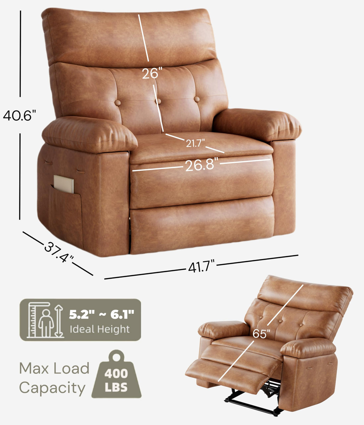GarveeHome Oversized Wide Recliner Chair - Heat and Massage, Faux PU Leather Large Manual Recliner for Adults, Lazy Chair with 1.5X Sponge Comfort Arm and Back for Living Room, Bedroom GarveeHome