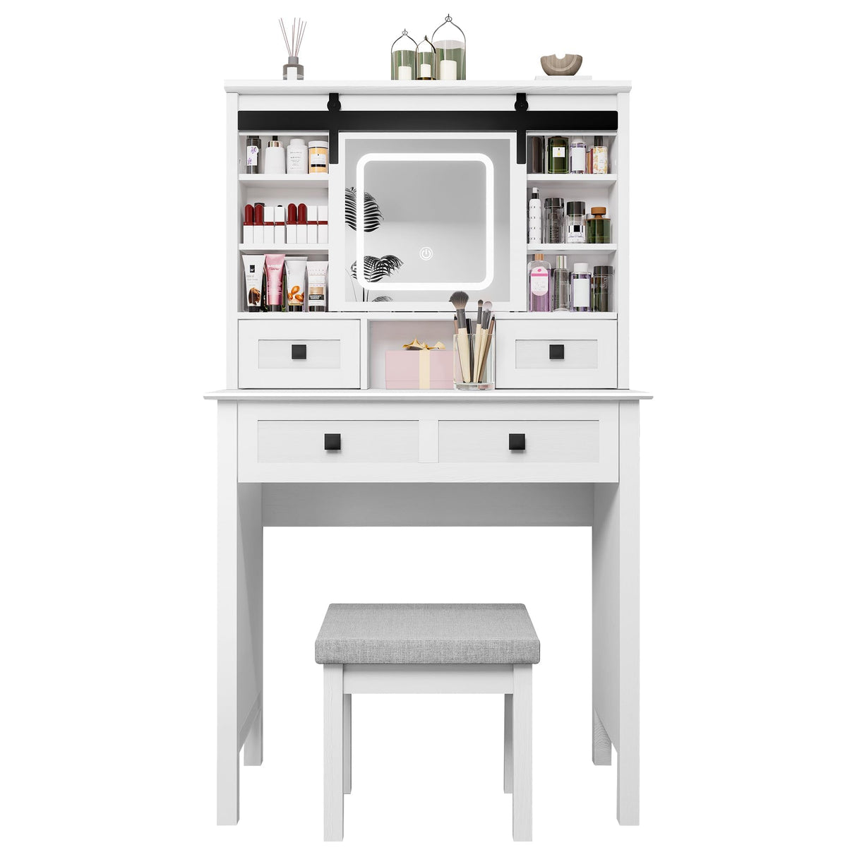 MECHYIN Farmhouse Makeup Vanity Desk with Sliding Mirror, Vanity Set with Stool & Charging Station & 3 Brightness Lights, Ample Storage, Dressing Table for Women Girls Bedroom, White MECHYIN