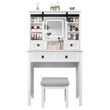 MECHYIN Farmhouse Makeup Vanity Desk with Sliding Mirror, Vanity Set with Stool & Charging Station & 3 Brightness Lights, Ample Storage, Dressing Table for Women Girls Bedroom, White MECHYIN