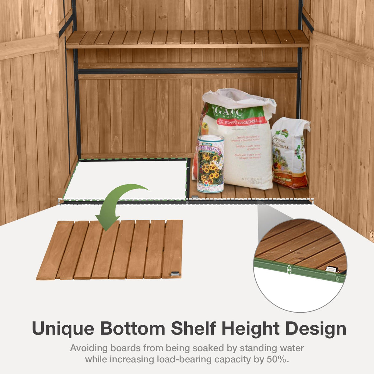 MEDEHOO Outdoor Storage Shed with Floor - Waterproof Natural Fir Cabinet with Adjustable Shelves and Double Lock for Anti-Theft - Suitable for Storing Garden Tools, and Household Debris (Brown) MEDEHOO