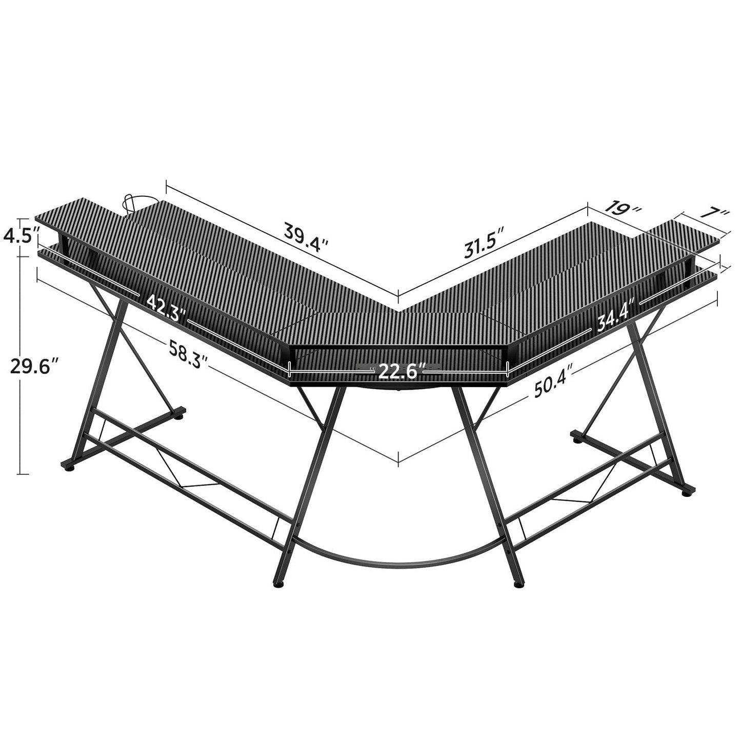 SEVEN WARRIOR L Shaped Gaming Desk with LED Lights & Power Outlets, 58” Computer Desk with Monitor Stand & Carbon Fiber Surface, Corner Desk with Cup Holder, Gaming Table with Hooks, Black - WoodArtSupply