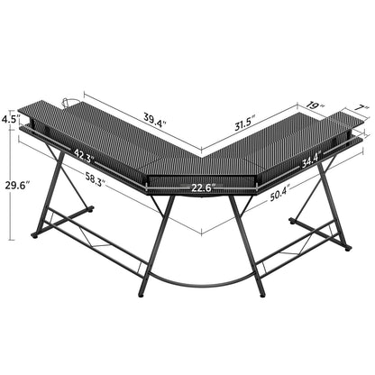 SEVEN WARRIOR L Shaped Gaming Desk with LED Lights & Power Outlets, 58” Computer Desk with Monitor Stand & Carbon Fiber Surface, Corner Desk with Cup Holder, Gaming Table with Hooks, Black - WoodArtSupply