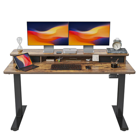 FEZIBO 55 x 24 Inch Height Adjustable Electric Standing Desk with Double Drawer, Stand Up Desk with Storage Shelf, Sit Stand Desk, Rustic Brown FEZIBO