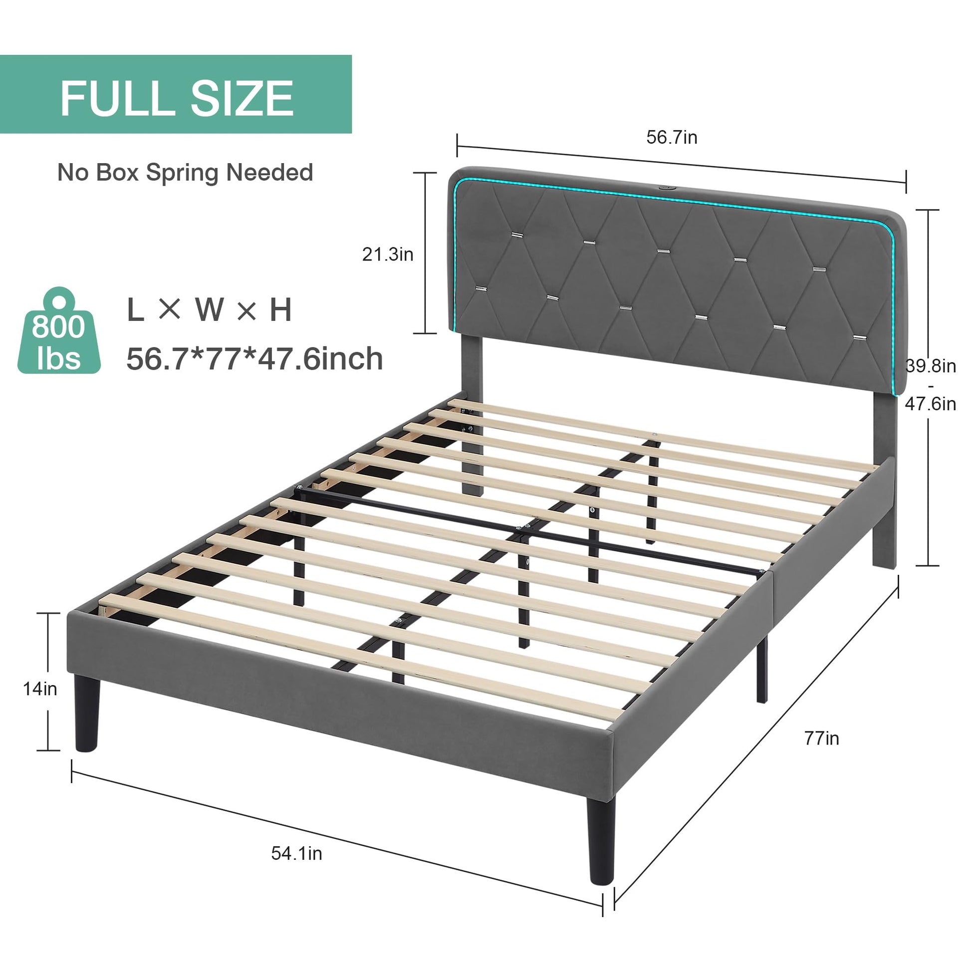 VECELO Dark Grey Upholstered Full Bed Frame with Adjustable Headboard, LED Lights & Integrated Charging Station - WoodArtSupply