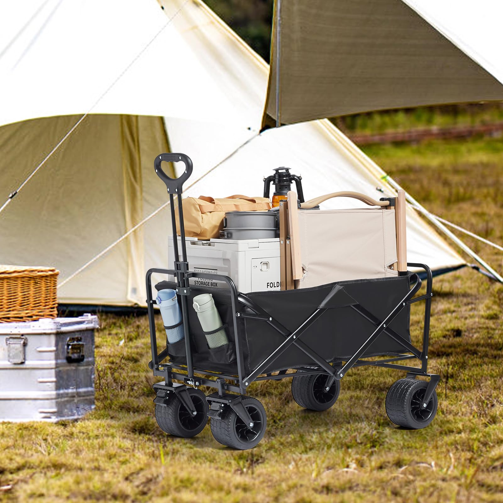 VEVOR Collapsible Folding Wagon Cart, 220lbs Heavy Duty Wagons Carts Foldable with Wheels, Outdoor Portable Garden Cart Utility Wagon for Groceries Camping Sports with Large Capacity & Drink  - WoodArtSupply