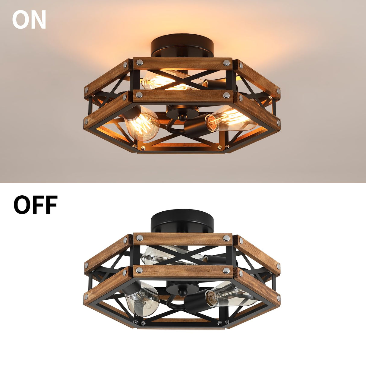 2 Pack 3-Light Rustic Farmhouse Wood Flush Mount Ceiling Light Fixture Oak Wood and Metal Cage Semi Flush Mount Ceiling Light for Hallway Hall Entry Bedroom Kitchen Farmhouse, Black RKUCSR