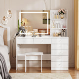 VOWNER Vanity with Lighted Mirror - 47" Makeup Vanity Desk with 7 Drawers, 3 Storage Shelves and Outlet, 3 Color Lighting Modes with Adjustable Brightness, Makeup Desk with Stool for Bedroom, White VOWNER