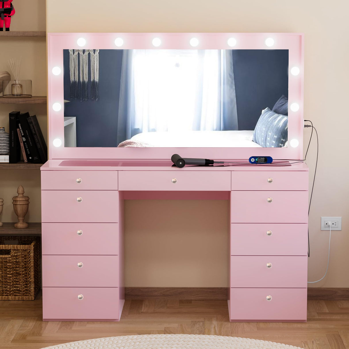 Boahaus Orla Extra-Large Makeup Vanity Desk with Hollywood Lights, 11 Drawers, Hair Dryer Hanger, USB Type-C & Type-A, Power Outlet for Beauty Tools, Glass Top, Crystal Knobs – Premium Pink Finish Boahaus