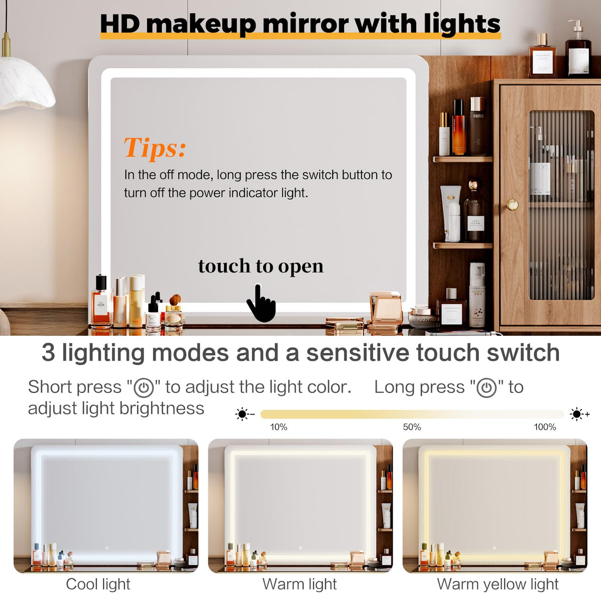 Vanity Desk with 29.53" HD Lighted Mirror, 47.24" Big Modern Vanity Desk with Mirror and Lights, Makeup Vanity with 5 Drawers and Storage Shelves and Charging Station,Brown Arulvmrn