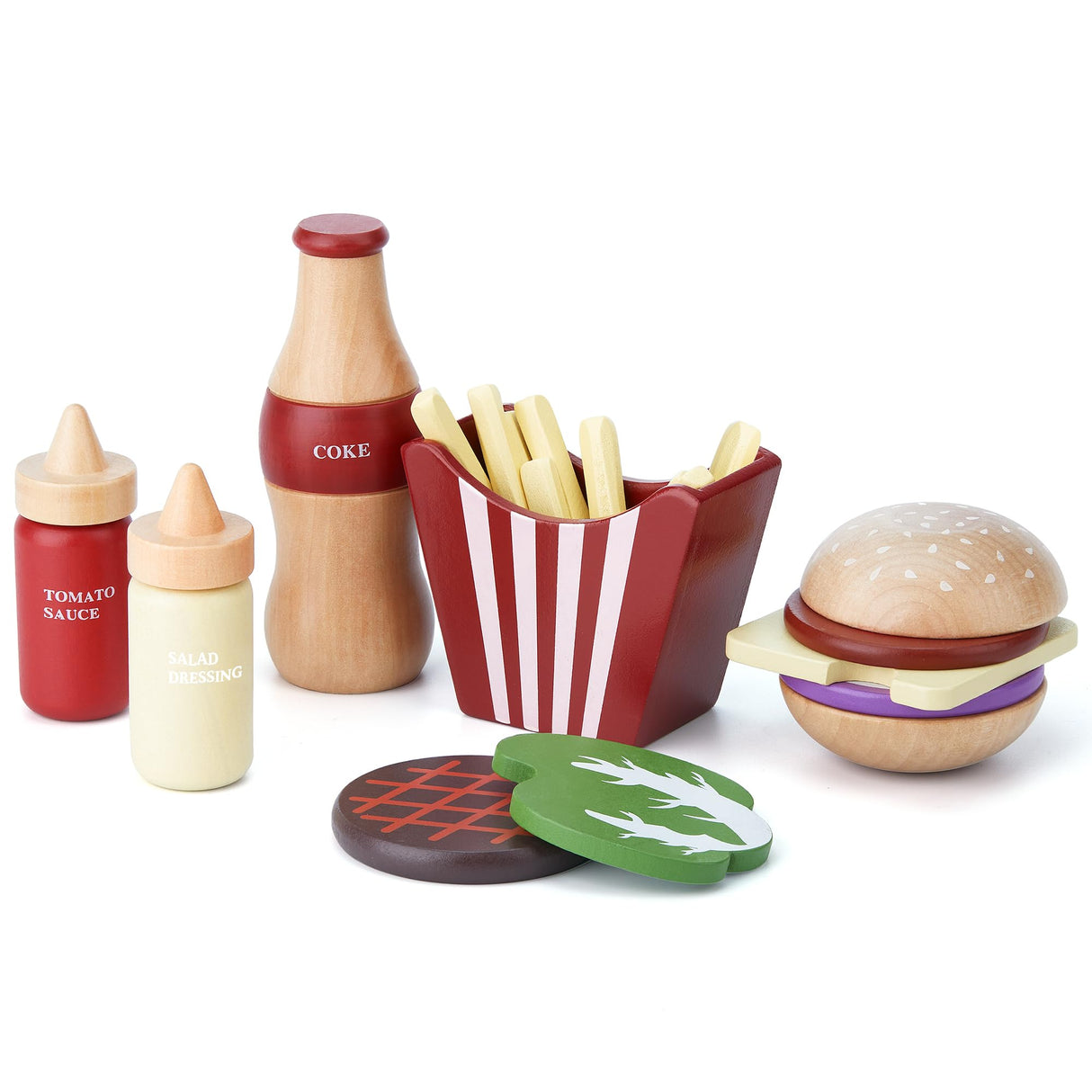 Wooden Play Food for Kids Pretend Hamburger Set Fast Food Toy Play Kitchen Accessories for Toddlers Toy Food Gift for Boys Girls Educational Toys Toywoo