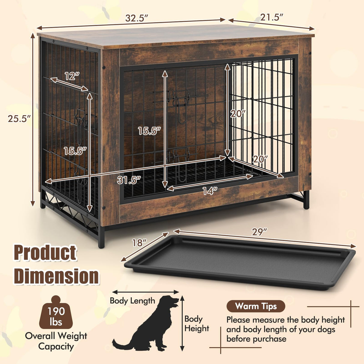 Giantex Dog Crate Furniture - 32.5" L Dog Kennel Side Table with Double Doors & Removable Pull-Out Tray, Left or Right Side Door, Modern Dog Cage Pet House End Table for Medium Dogs, Rustic Brown Giantex