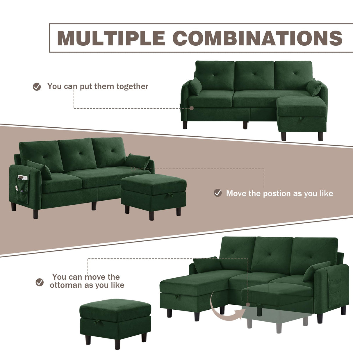 Portaforta 77" Convertible Sectional Couches with Storage Ottoman, 3-Seat L Shaped Couch with Side Storage Pockage, Linen Fabric Small Couches for Living Room, Apartment and Small Space, Green Portaforta