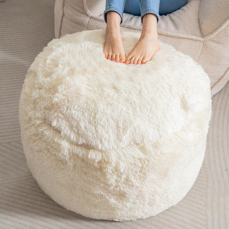 HIGOGOGO Round Stuffed Pouf Ottoman, Long Faux Fur Poufs with Foam Chunk Filling, Fluffy and Furry Pouf Foot Stool Storage Ottoman, 26 X 18 Floor Poufs Foot Rest for Living Room, White HIGOGOGO