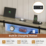 Hasuit Farmhouse Bed Frame King Size with 4 Storage Drawers, Wooden Platform King Beds with Charging Station and LED Lights, Rustic Bed with Storage Headboard and Sliding Barn Door Hasuit