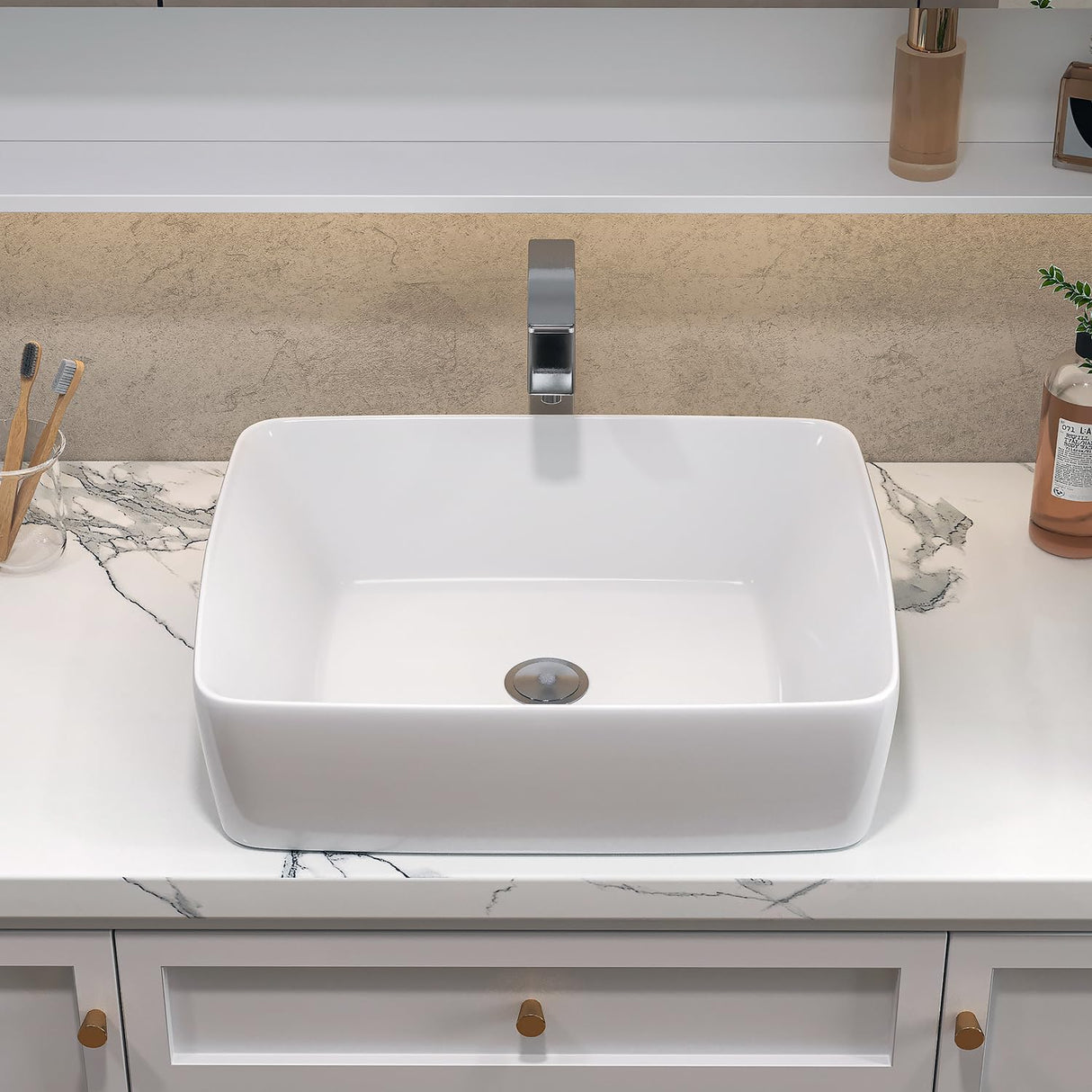 Sinber 19" x 15" x 5.31" White Rectangular Ceramic Countertop Bathroom Vanity Vessel Sink BVS1915A-OL Sinber