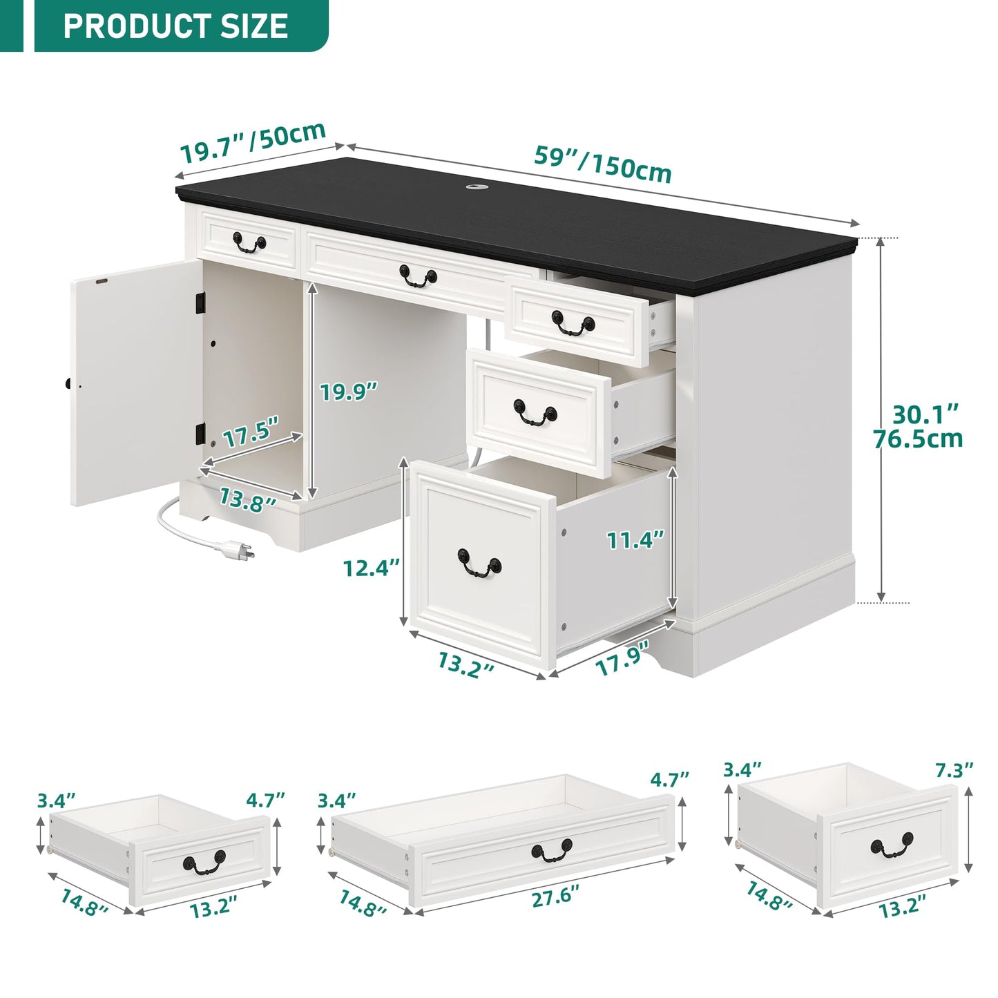 YITAHOME Executive Desk with Power Outlets, 59" Farmhouse Computer Desk with Drawers, Wood Office Desk with Storage Cabinet, Keyboard Tray, Workstation for Home Office, Black & Off White