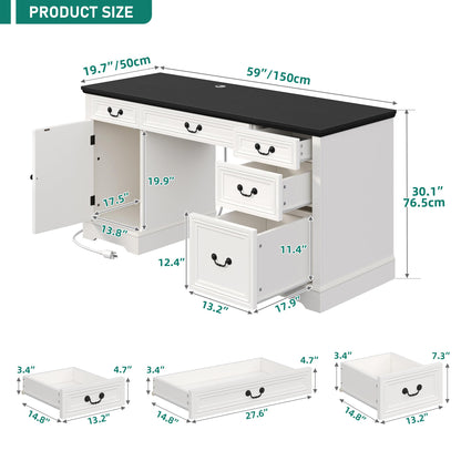 YITAHOME Executive Desk with Power Outlets, 59" Farmhouse Computer Desk with Drawers, Wood Office Desk with Storage Cabinet, Keyboard Tray, Workstation for Home Office, Black & Off White