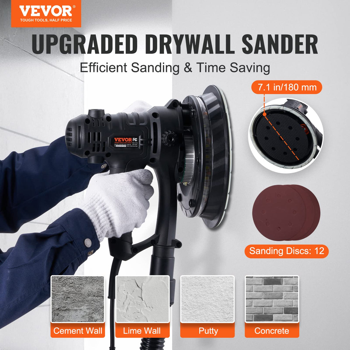 VEVOR Drywall Sander, 800W Electric Sander with 12 Sanding Discs, Variable Speed 1200-2300 RPM Wall Sander with Automatic Vacuum Dust Collection System, Double LED Lights, Dust Bag, Detachable Edge VEVOR
