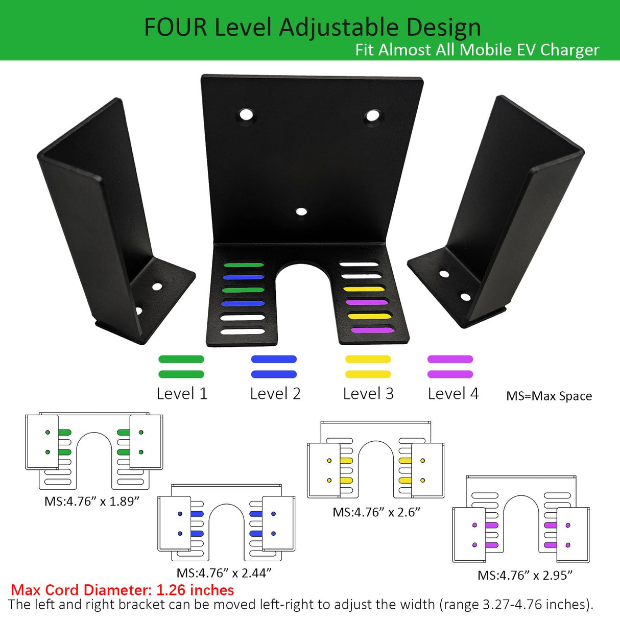 WELLMETE EV Charger Holder-Adjustable for Different Size Control Box, Heavy Duty Metal Wall Mount Bracket with Cable Hook for J1772 EV Mobile Charger & Telsa Charger, Enduring Charging Box Holder WELLMETE