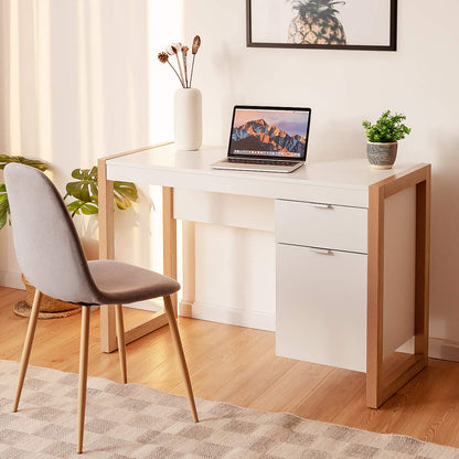 Tangkula White Desk with Drawer & Cabinet, Wooden Home Office Desk, PC Laptop Workstation Study Writing Desk, Ideal for Bedroom Home Office (White & Natural) - WoodArtSupply