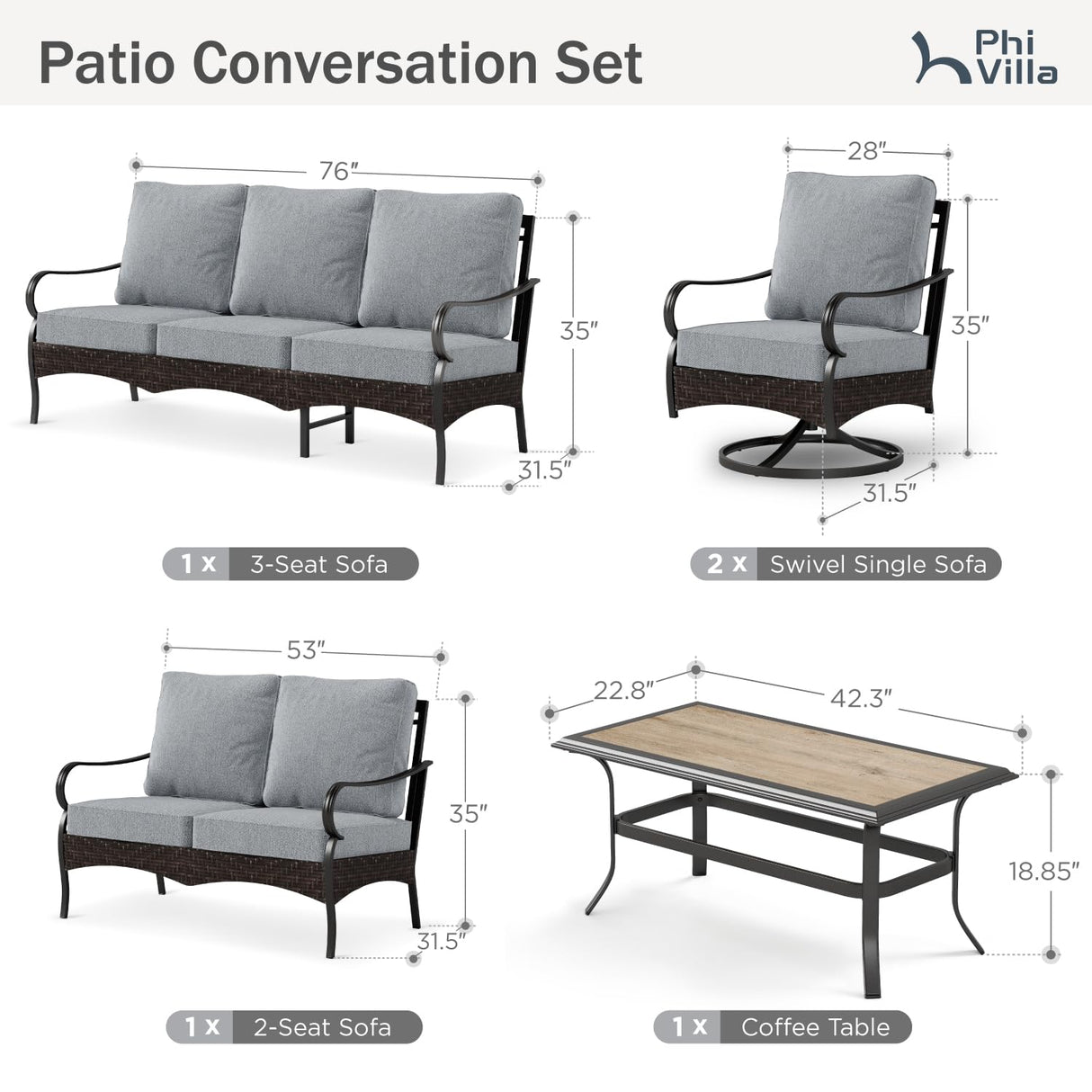 PHI VILLA Outdoor Modern Patio Furniture Set, Upgraded Wicker&Metal Patio Furniture Conversation Set with Waterproof Thick Cushions for Porch, Poolside, Deck, and Yard (5 Pieces,Grey) PHI VILLA
