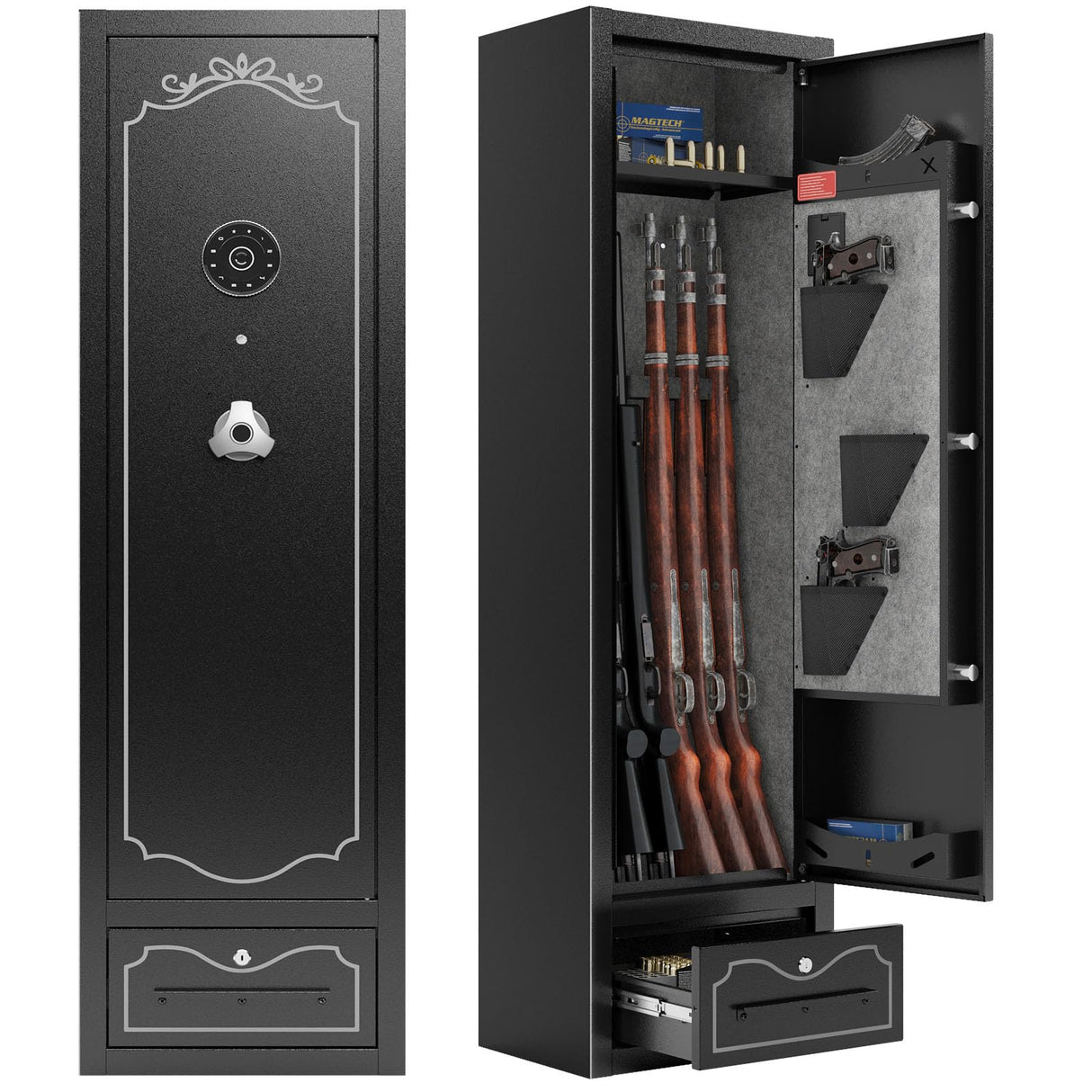 SAPITAL 8 Gun Safe for Rifles and Pistols Large Rifle Safe for Home with Drawer Long Gun Cabinet for Rifles and Shotguns with Scopes Rifle Gun Safe with Drawer Removable Shelf and Gun Rack SAPITAL