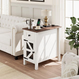 HAIOOU Farmhouse End Table with Charging Station, Narrow White Side Tables with Storage Cabinet and Drawer, Wood Nightstand with Power Outlets & USB Ports for Bedroom, Living Room HAIOOU