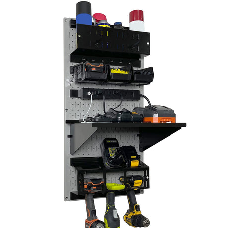 Wall Control Power Tool Storage Organizer Kit Cordless Drill Holder Charging Station Rack 16” x 32” Metal Pegboard Organization System (Grey Pegboard) Wall Control
