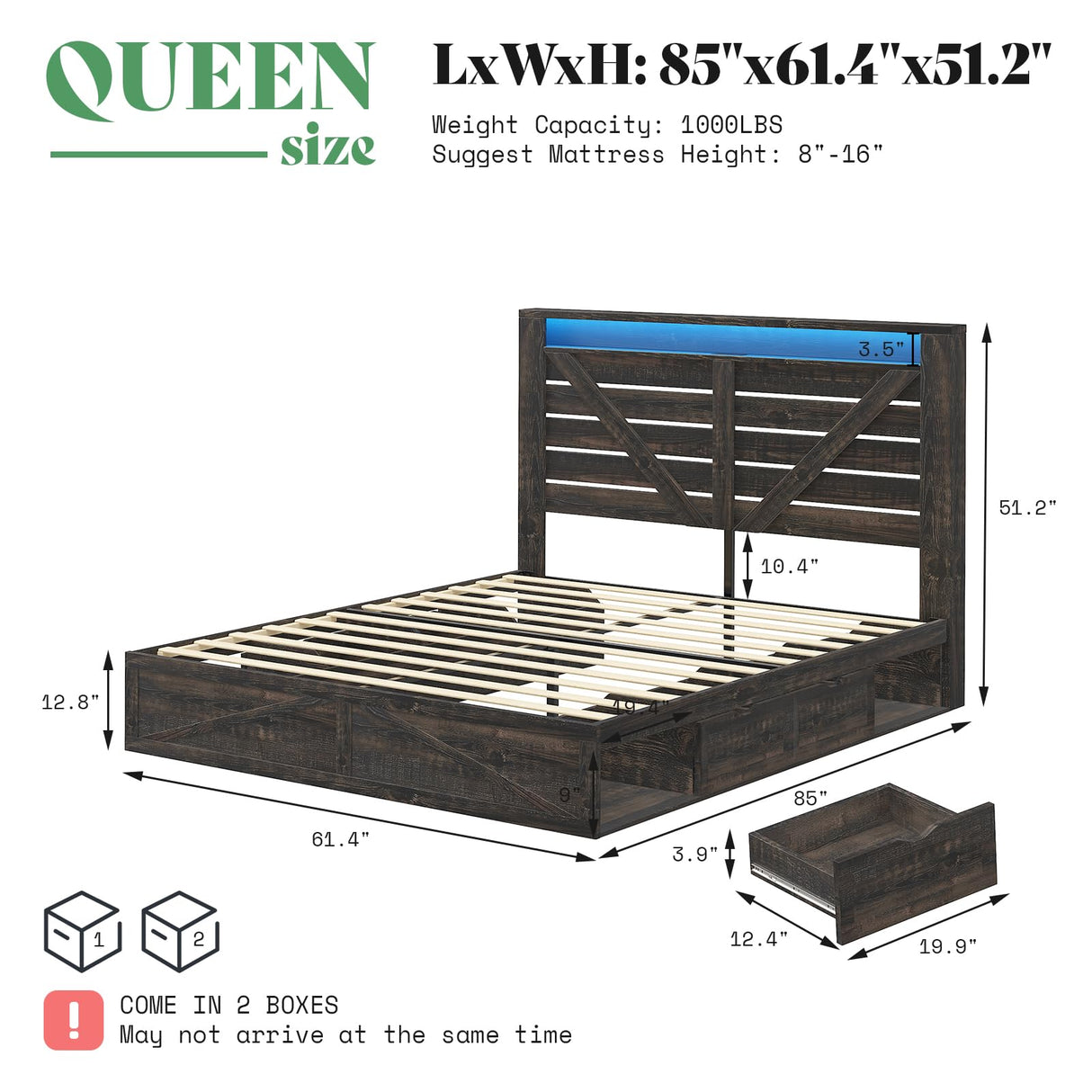 AMERLIFE Farmhouse Bed Frame with 4 Drawers & 4 Open Storage Space, Queen Size Storage Bed with LED Light & Charging Station, Wooden Slats, Noise Free, Rustic Black AMERLIFE