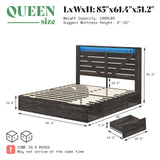 AMERLIFE Farmhouse Bed Frame with 4 Drawers & 4 Open Storage Space, Queen Size Storage Bed with LED Light & Charging Station, Wooden Slats, Noise Free, Rustic Black AMERLIFE