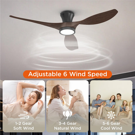 TALOYA 52 Inch Ceiling Fans with Led Lights Remote Control Flush Mount Low Profile for Bedroom Farmhouse Patio Outdoor Living Room Kitchen Dining Room,DC Motor,Reversible,Buzzer ON/OFF,Black Walnut TALOYA