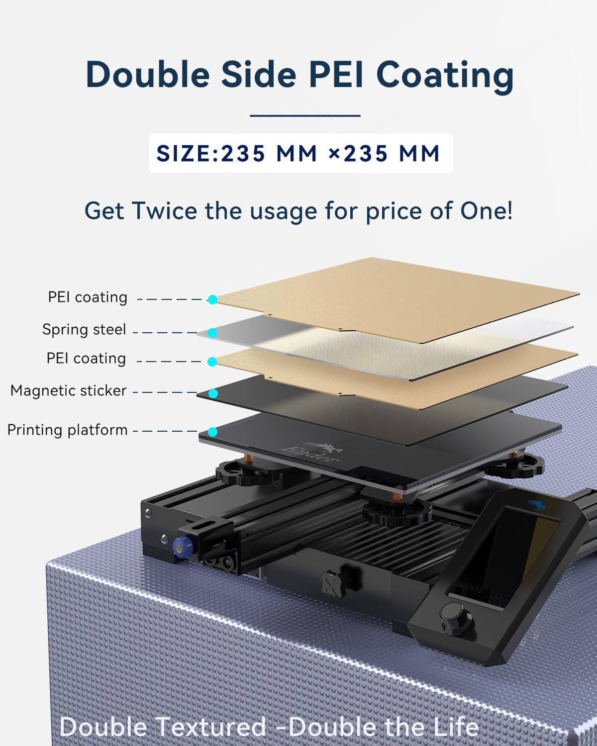 Double Sided Textured PEI Sheet 235mmx235mm for Neptune 3 Pro/Neptune 4/Kobra/Creality Ender 3/Ender 3 Pro/Ender 3 V2/Ender 3 S1/Ender 3 S1 Pro/Ender 3 Neo/Ender 3 V2 Neo 3D Printer FugaCity