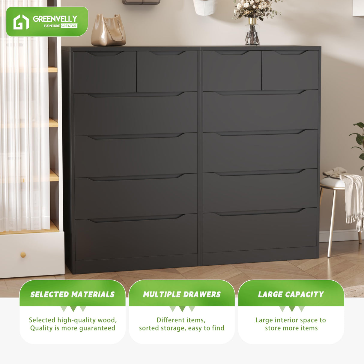 Greenvelly Black Dresser,Tall 6-Drawer Dresser for Bedroom, Wood Dresser with 6 Large Drawers, Wooden Dressers & Chests of Drawers, Black dresser with Smooth Metal Rail for Nursery, Women, Family Greenvelly