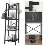 YMYNY 4 Tiers Ladder Bookcase, Industrial Narrow Bookshelf, Open Display Rack with 4 S Hooks, Metal Storage Shelves for Bedroom, Home Office, Living Room, Black, 49.2H*13.4L*11.8W, UHBC024B YMYNY