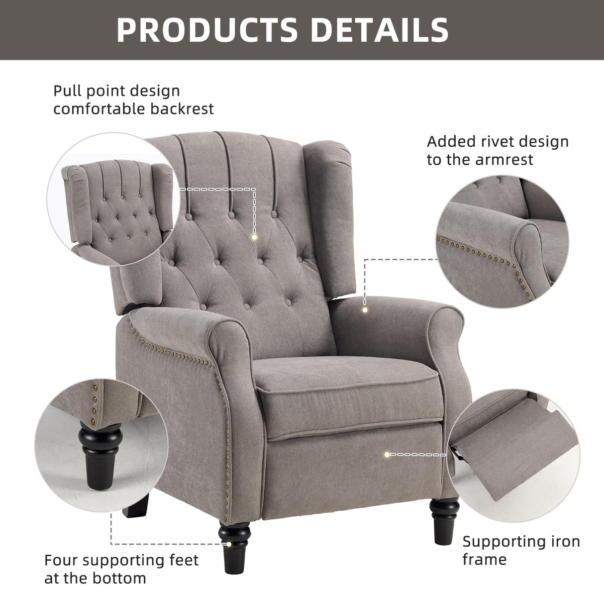 CANMOV Push Back Recliner Chair, Accent Chair,Mid Century Wingback Recliner, Fabric Push Back Recliner Chair Single Armchair Sofa with Rivet Decoration,Button-Tufted Back for Living Room, Grey CANMOV
