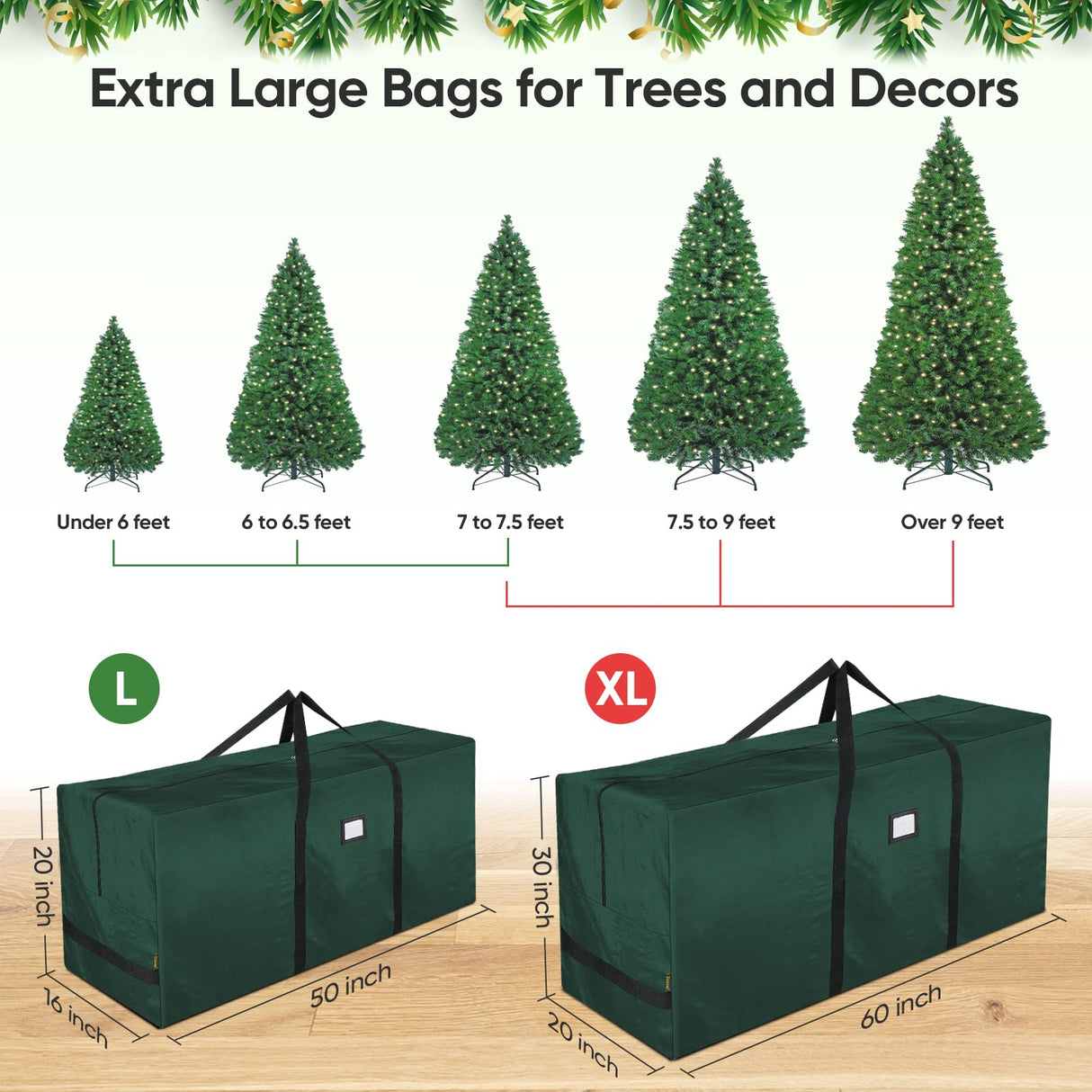BALEINE 7.5 ft Extra Large Christmas Tree Storage Bag With Reinforced Handles and Dual Zippers for Wide Opening (Green) BALEINE