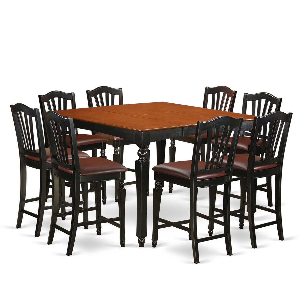 East West Furniture CHEL9-BLK-LC 9 Piece Counter Height Dining Set Includes a Square Kitchen Table with Butterfly Leaf and 8 Faux Leather Dining Room Chairs, 54x54 Inch, Black & Cherry East West Furniture