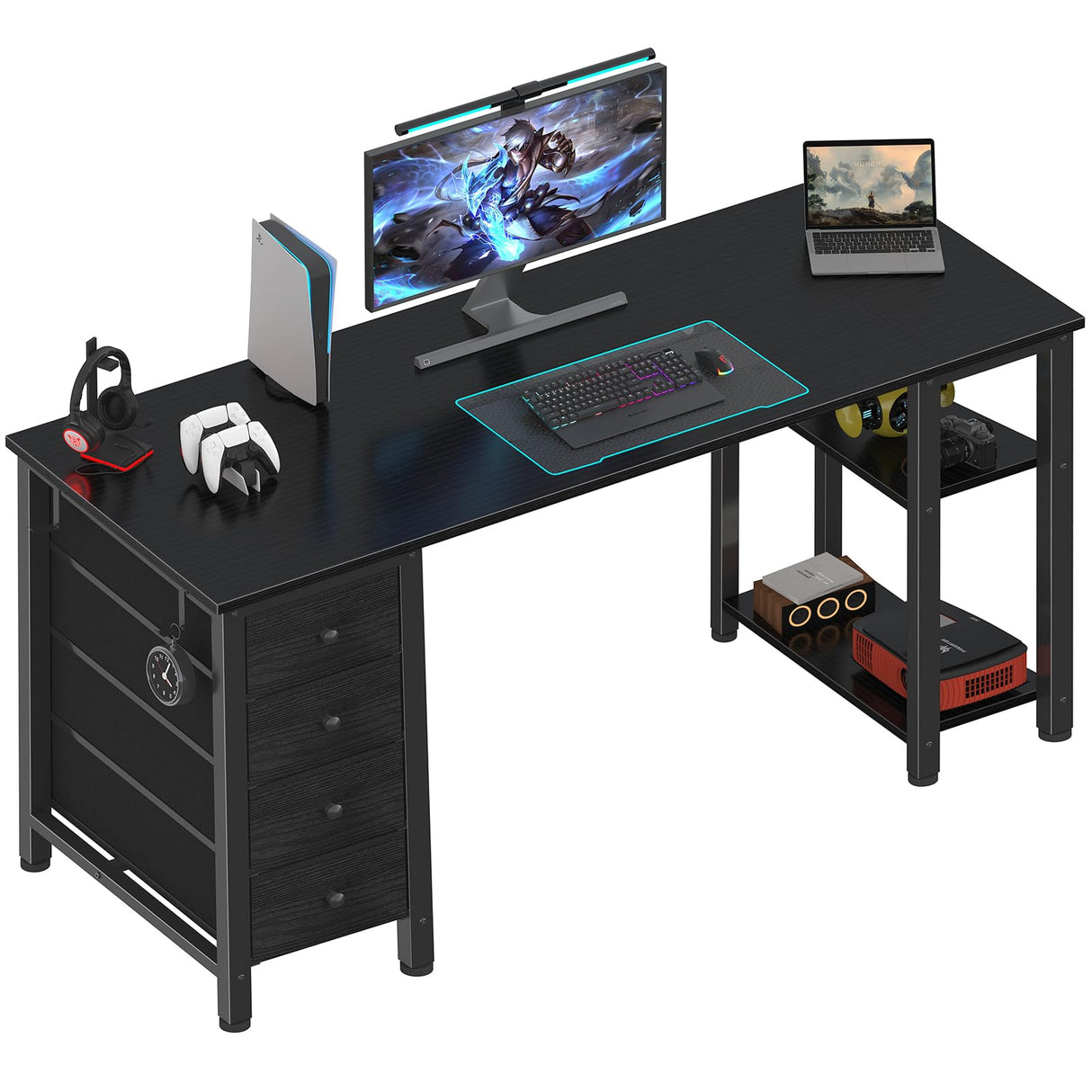 Lufeiya Gaming Desk with 4 Fabric Drawers & Storage Shelves, 63 inch Computer Writing Work Study Desk for Home Office Bedroom, Modern Simple Student PC Desks Table, Black Lufeiya